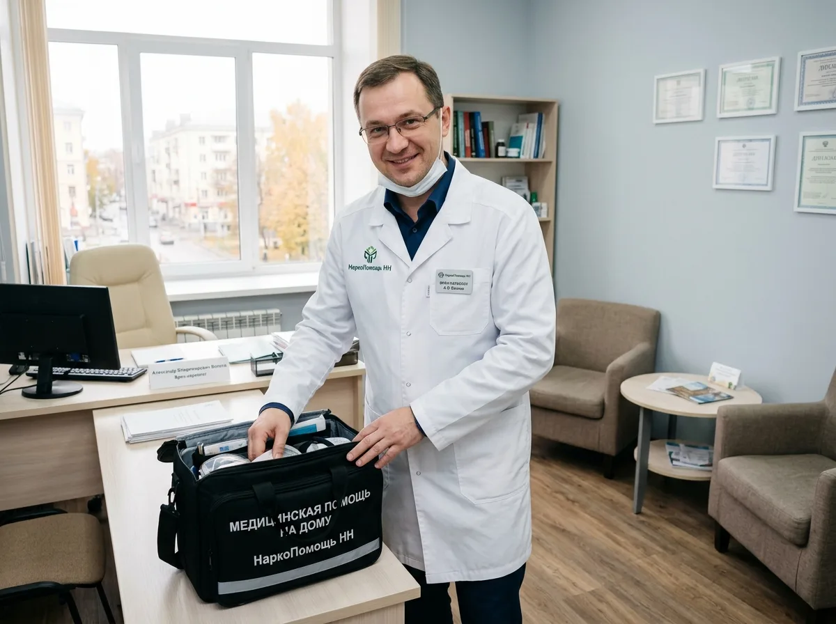 Врач-нарколог клиники НаркоПомощь НН в Нижнем Новгороде — профессиональный специалист в белом халате, готовый к выезду, светлый медицинский кабинет, доверительная атмосфера
