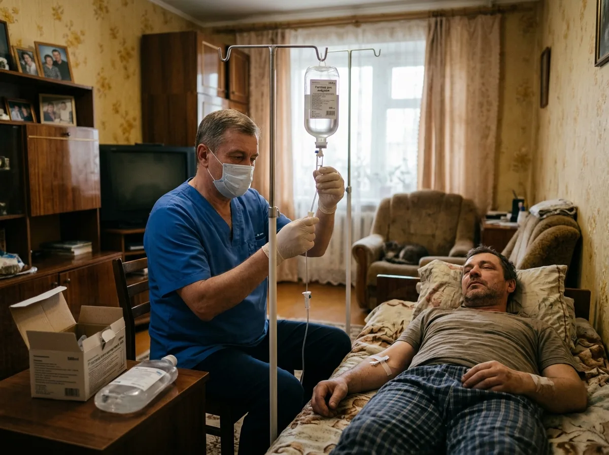 Нарколог проводит внутривенную капельницу пациенту в домашних условиях для вывода из запоя, Нижний Новгород