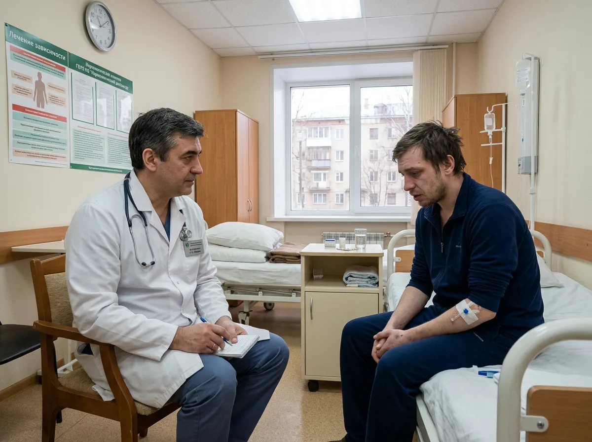Специалист нарколог беседует с пациентом с наркотической зависимостью, стационарная палата наркологической клиники в Нижнем Новгороде