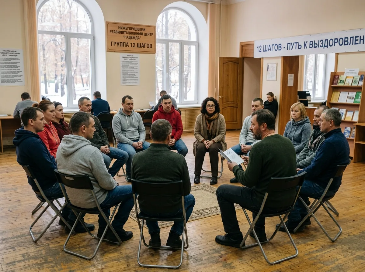 Групповое занятие по программе 12 шагов в реабилитационном центре для зависимых, светлый зал с пациентами и психологом, Нижний Новгород