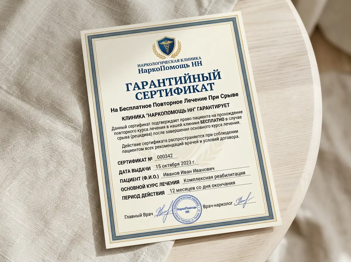 Гарантийный сертификат на бесплатное повторное лечение при срыве — официальный документ наркологической клиники НаркоПомощь НН, крупным планом на светлом фоне