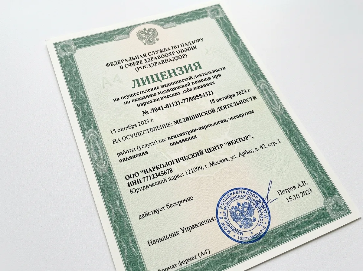 Лицензия Росздравнадзора на медицинскую наркологическую деятельность — официальный документ с печатью и подписью, крупным планом на белом фоне