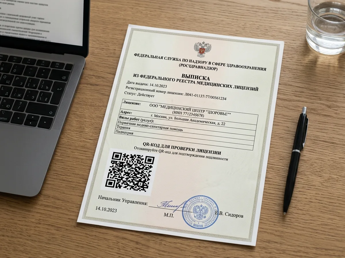 Выписка из федерального реестра медицинских лицензий Росздравнадзора — официальная распечатка с QR-кодом для проверки