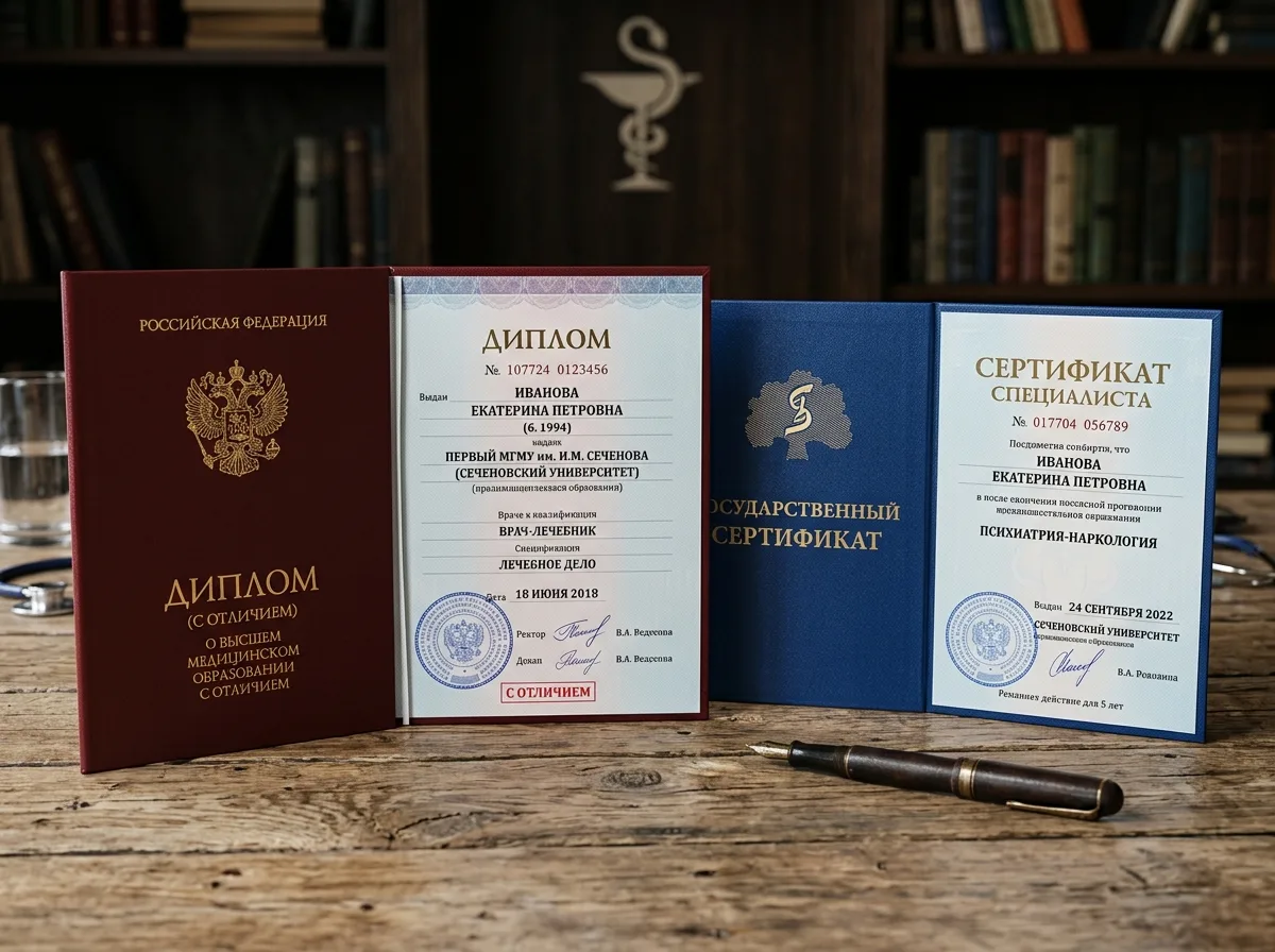Диплом о высшем медицинском образовании и сертификат специалиста по наркологии, красный диплом на деревянном столе